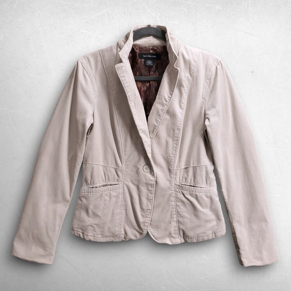 Calvin Klein Corduroy Blazer Jacket Satin Lined Single‎ Button Women S Beige